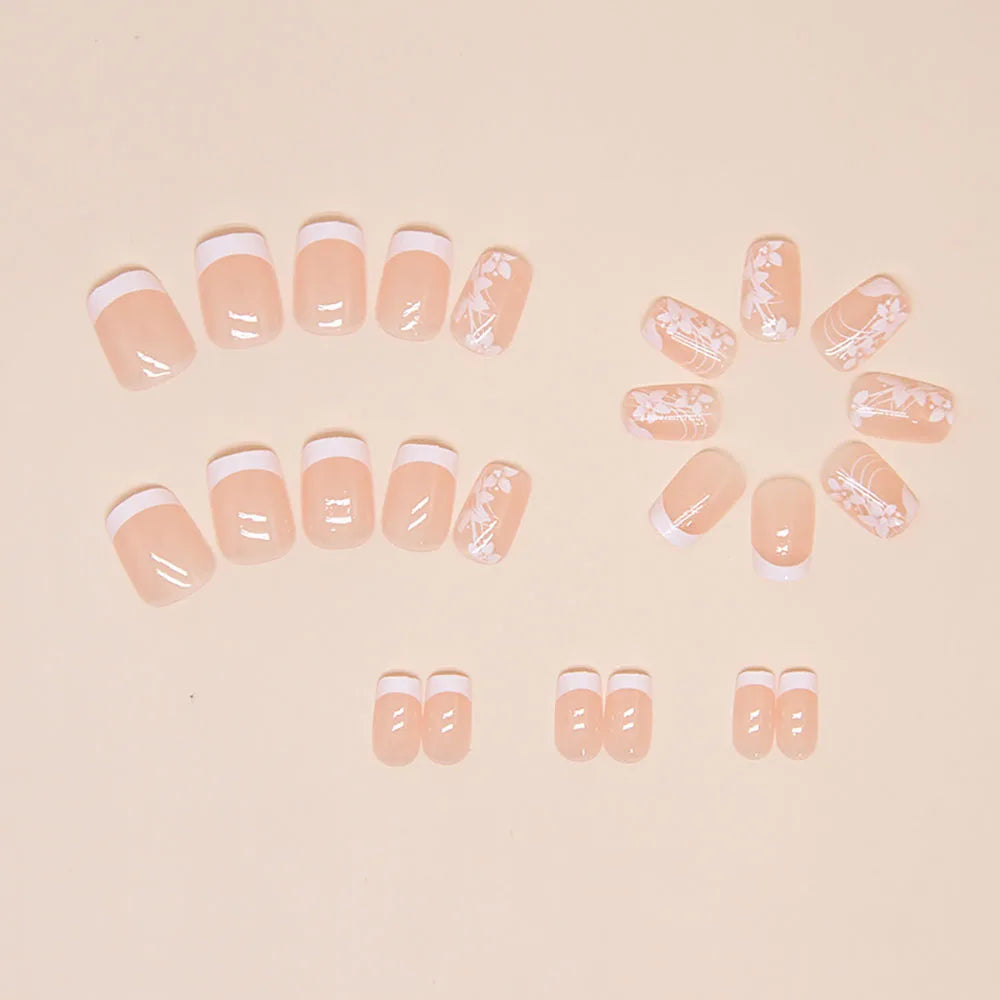 24pcs/set short saure fake nails for Spring summer season french style flowers butterfly design press on false nail art tips