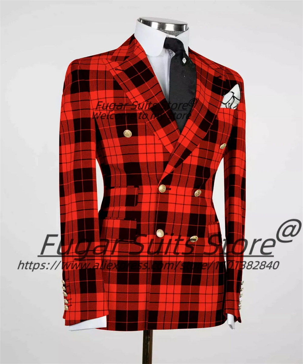 British Plaid Men Suits Slim Fit Double Breasted Groom Wedding Tuxedos 2 Pieces Sets Elegant Male Blazers Ropa Hombre