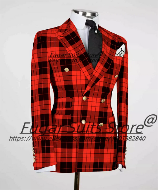 British Plaid Men Suits Slim Fit Double Breasted Groom Wedding Tuxedos 2 Pieces Sets Elegant Male Blazers Ropa Hombre