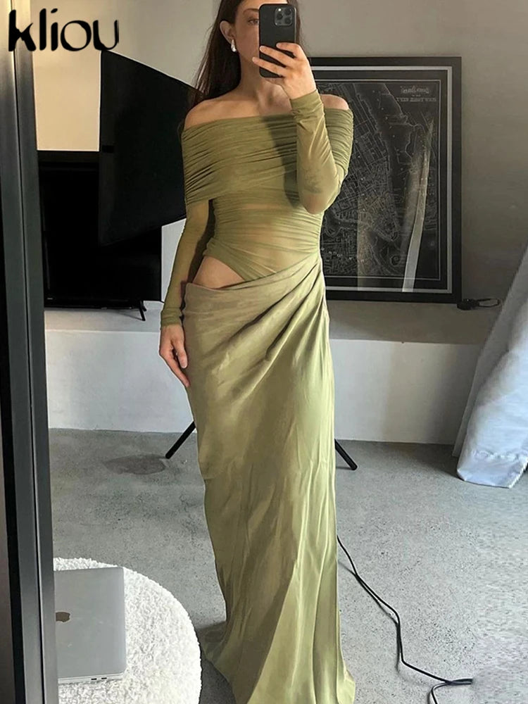 kliou Stacked Mesh Pleated Women Maxi Dress Fashion Hot See Through