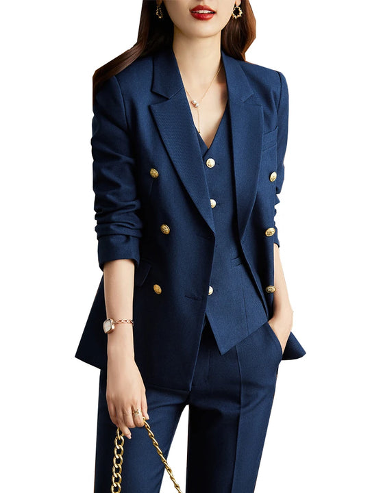 Autumn Winter Women Vest Blazer and Pant Suit Orange Navy Khaki Office