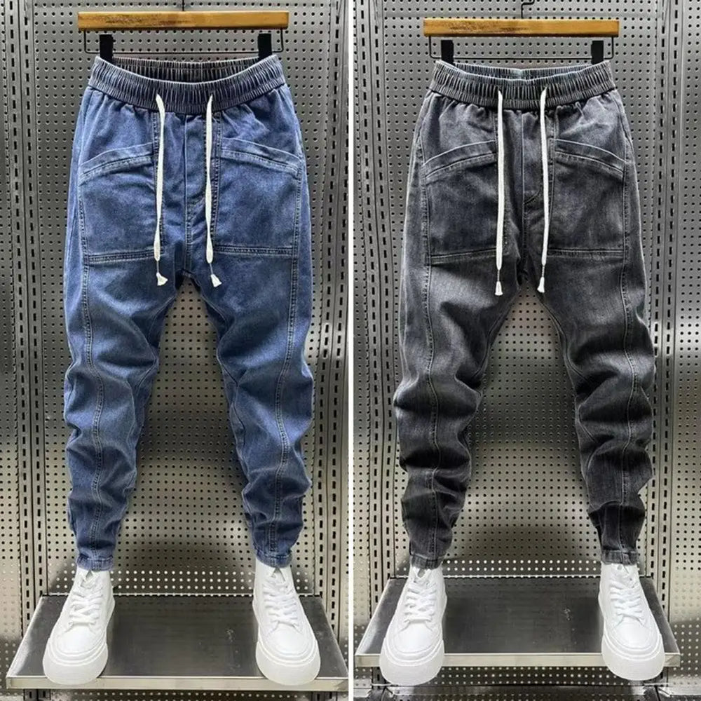 Elastic Waist Jeans Men's Elastic Drawstring Waist Denim Cargo Pants