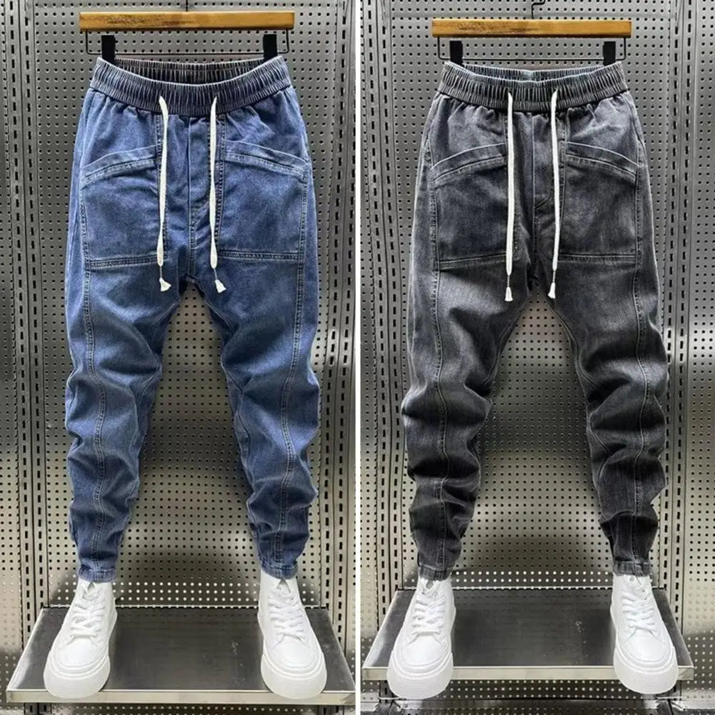 Elastic Waist Jeans Men's Elastic Drawstring Waist Denim Cargo Pants