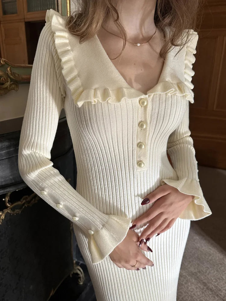 Tossy Ruffled Patchwork Knit Maxi Dress For Women Elegant Ribbed Long