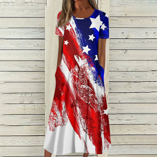 Women's Summer Dresses Casual Fashion Independence Day Printed Dress New Short Sleeved Round Neck Pocket Dress vestidos longos