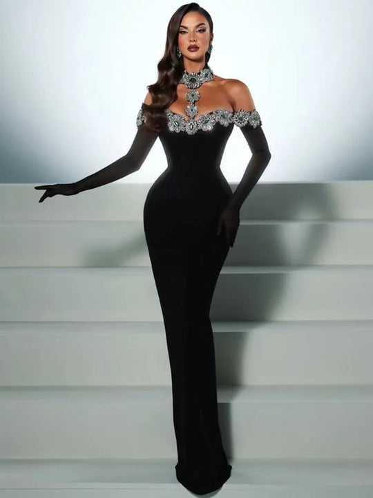 Summer Bandage Dress 2024 Women Celebrity Sexy Diamonds Crystal Black