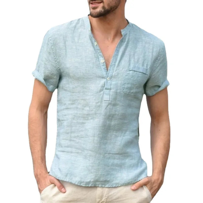 High Quality New Men'S Linen V Neck Bandage T Shirts Male Solid Color