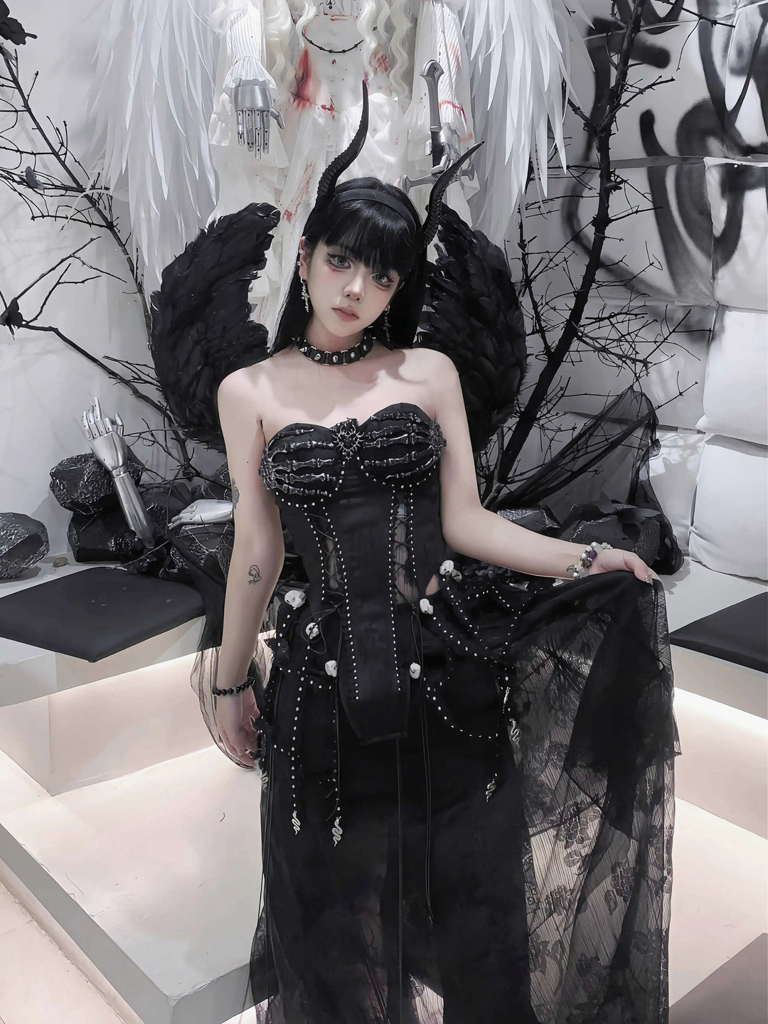 TDH Heavy Industries Handmade Pure Black Gothic Black Strap Drawstring Chest, Bird Cage, Affordable Bundle Body, Skincare Top