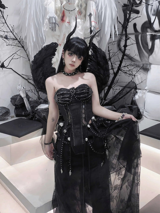 TDH Heavy Industries Handmade Pure Black Gothic Black Strap Drawstring Chest, Bird Cage, Affordable Bundle Body, Skincare Top