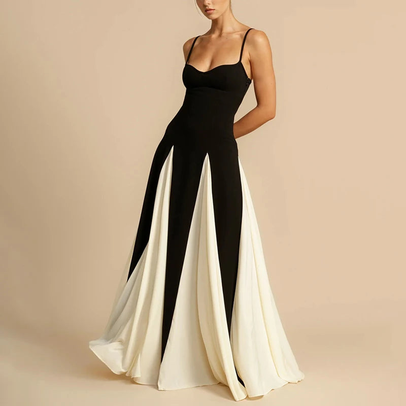 Sling Contrast Color Women's Dress V Neck Elegant Party Dress Fashion