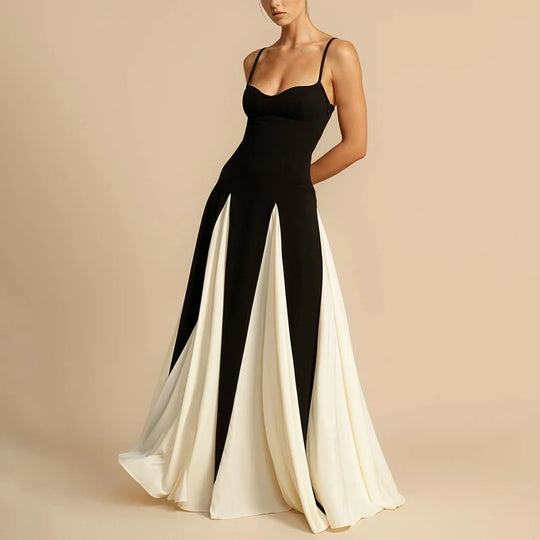 Sling Contrast Color Women's Dress V Neck Elegant Party Dress Fashion