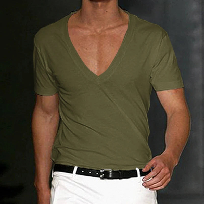 Vintage Loose Cotton T Shirts Men Casual V Neck Short Sleeve Solid