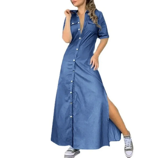 Summer Oversized Women's L-5XL Plus Size Lapel Button Denim Dress Solid Color Oversized Loose Slit Dress Fashion Casual Pocket
