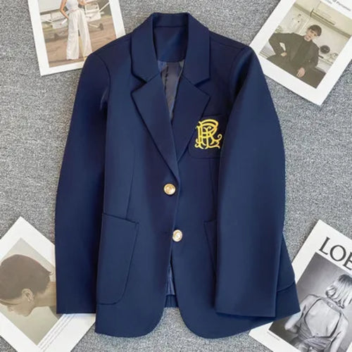 Navy Blue Blazer Jacket Women Single Breasted Pocket Embroidery