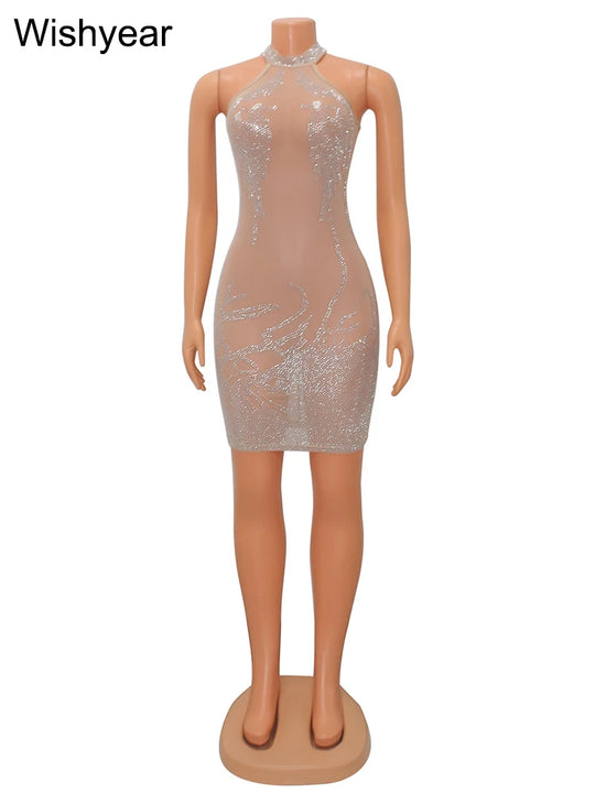 New Hot Rhinestone Mesh See Through Apricot Mini Dress Women