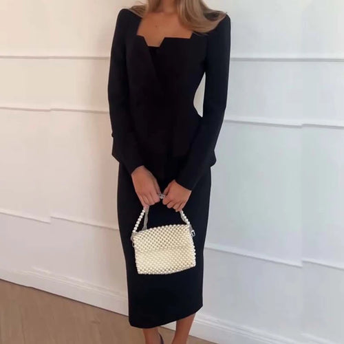 2024 Elegant Square Collar Long Sleeve Blazer&Long Skirts Suit Women