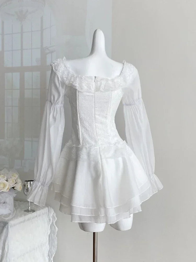 White French Elegant Evening Party Dress Women Casual Sexy Lace Puffed