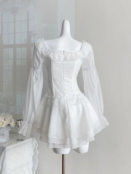 White French Elegant Evening Party Dress Women Casual Sexy Lace Puffed