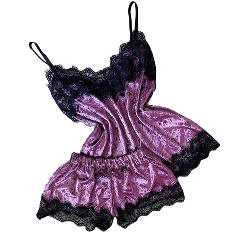 Sexy Lingerie Women Sleep Wear Camisole Bow Shorts V-Neck Tops Velvet