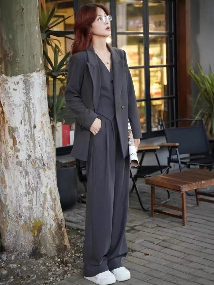 Korean Fashion Women Business Blazer 3 Pieces Set Elegant Casual