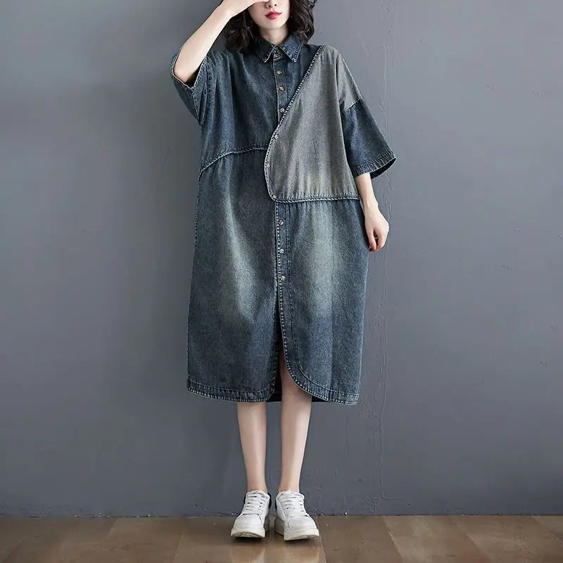 Fashion Lapel Button Pockets Loose Denim Casual Dresses Female Clothing 2024 Summer New Oversized All-match Midi Dress