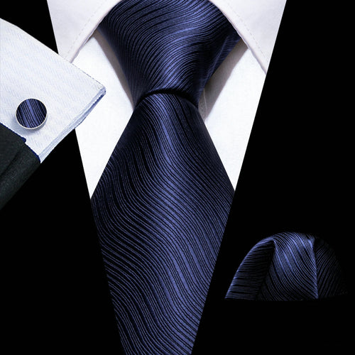 Men Tie Gold Navy Blue Striped Silk Tie 3.4" Jacquard Party