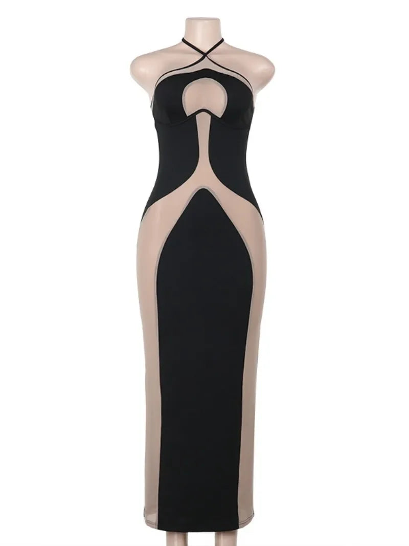 Mesh Patchwork Halter Neck Dresses for Women Sexy Lace-up Backless