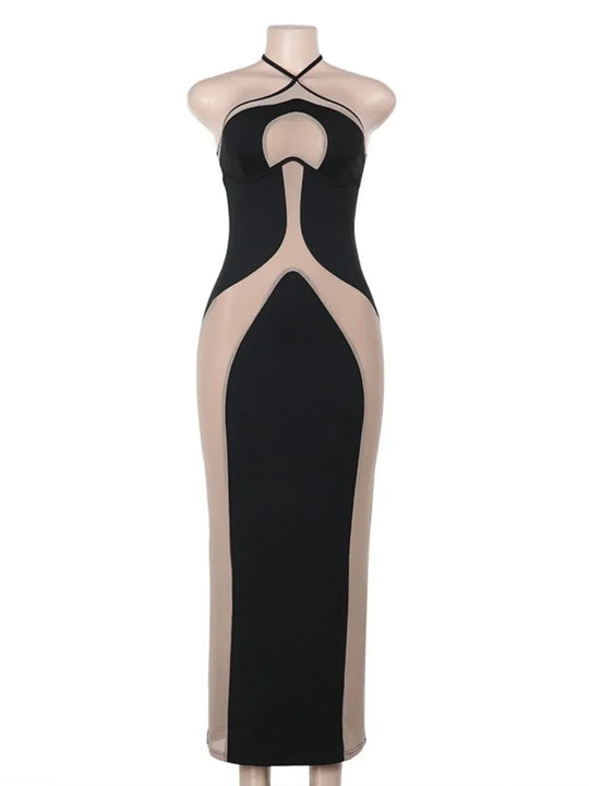 Mesh Patchwork Halter Neck Dresses for Women Sexy Lace-up Backless