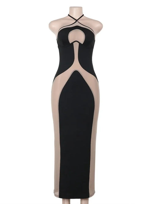 Mesh Patchwork Halter Neck Dresses for Women Sexy Lace-up Backless