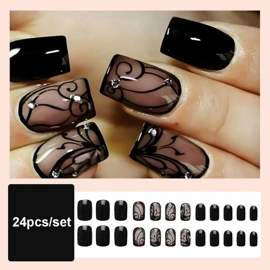 24pcs/set short saure fake nails for Spring summer season french style flowers butterfly design press on false nail art tips