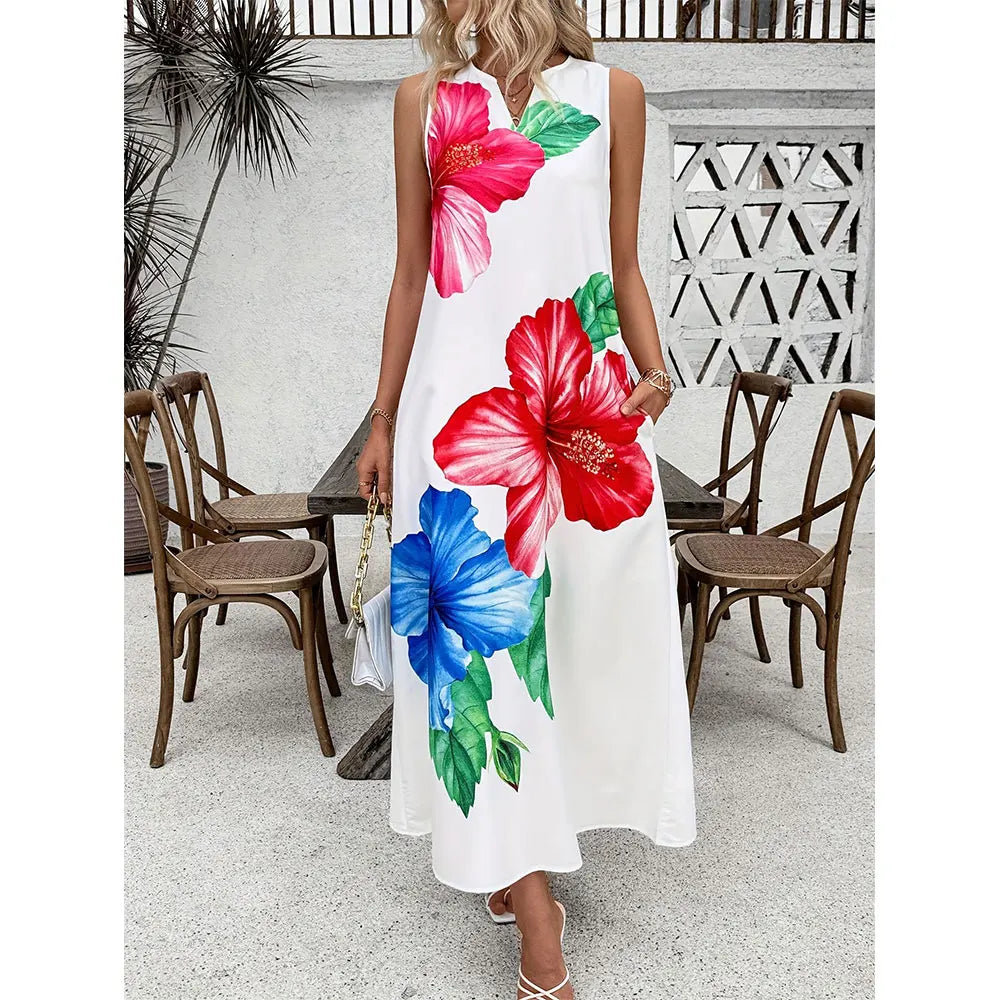 Summer Loose Dress Fashion Floral Digital Print V-Neck Vest Pocket Dress Casual Elegant Sleeveless Evening Dress For Women