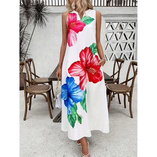 Summer Loose Dress Fashion Floral Digital Print V-Neck Vest Pocket Dress Casual Elegant Sleeveless Evening Dress For Women