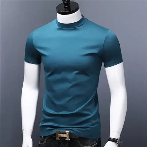 Men's Casual Turtleneck T-Shirts Short Sleeve Solid Slim Fit Silk High