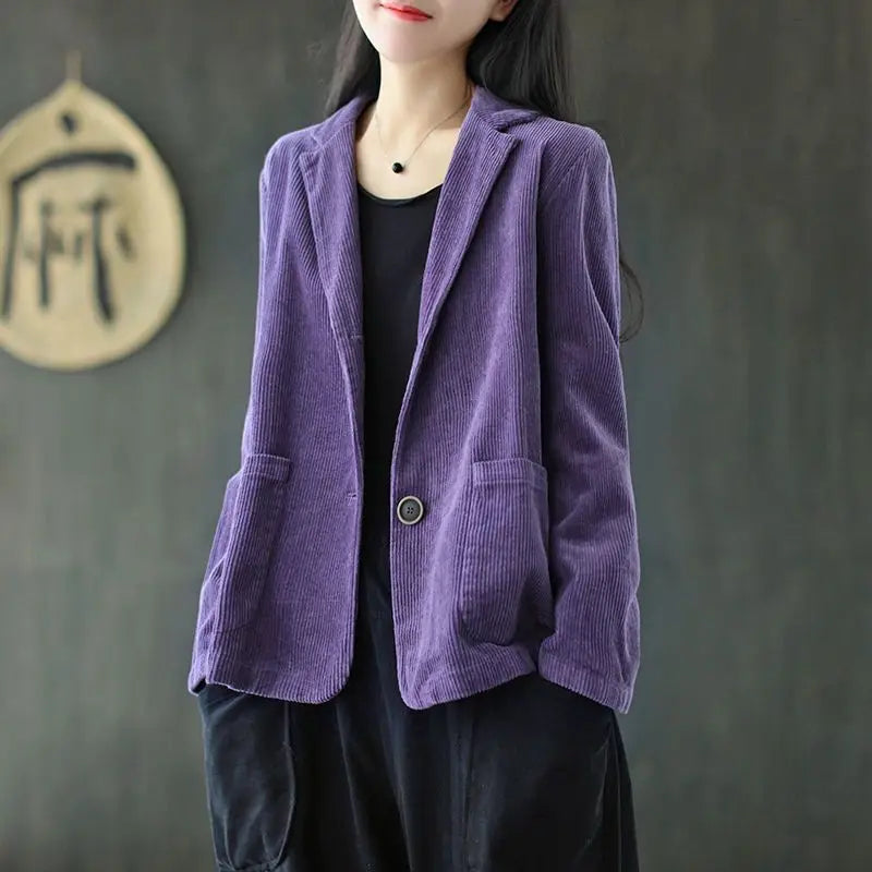 Corduroy Suit Collar Solid Color Short Coat Women New Autumn Long