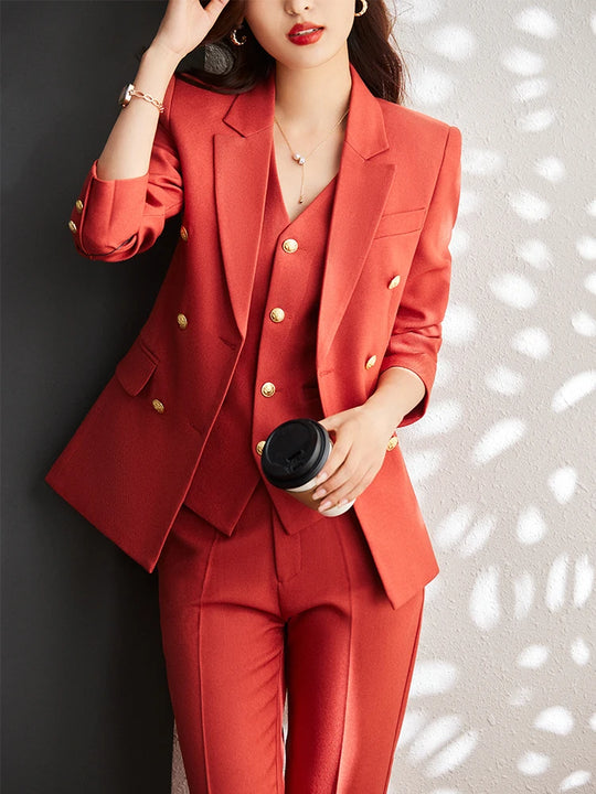Autumn Winter Women Vest Blazer and Pant Suit Orange Navy Khaki Office