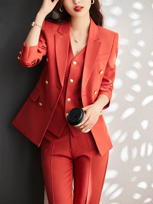 Autumn Winter Women Vest Blazer and Pant Suit Orange Navy Khaki Office
