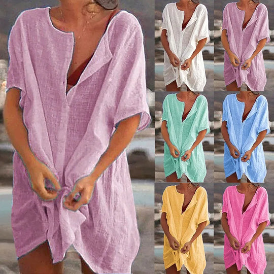 Cotton Women's Vintage Sexy Dress White Oversize Casual Beach Mini