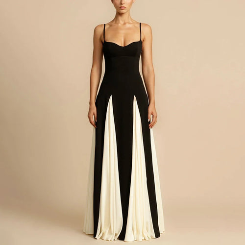 Sling Contrast Color Women's Dress V Neck Elegant Party Dress Fashion