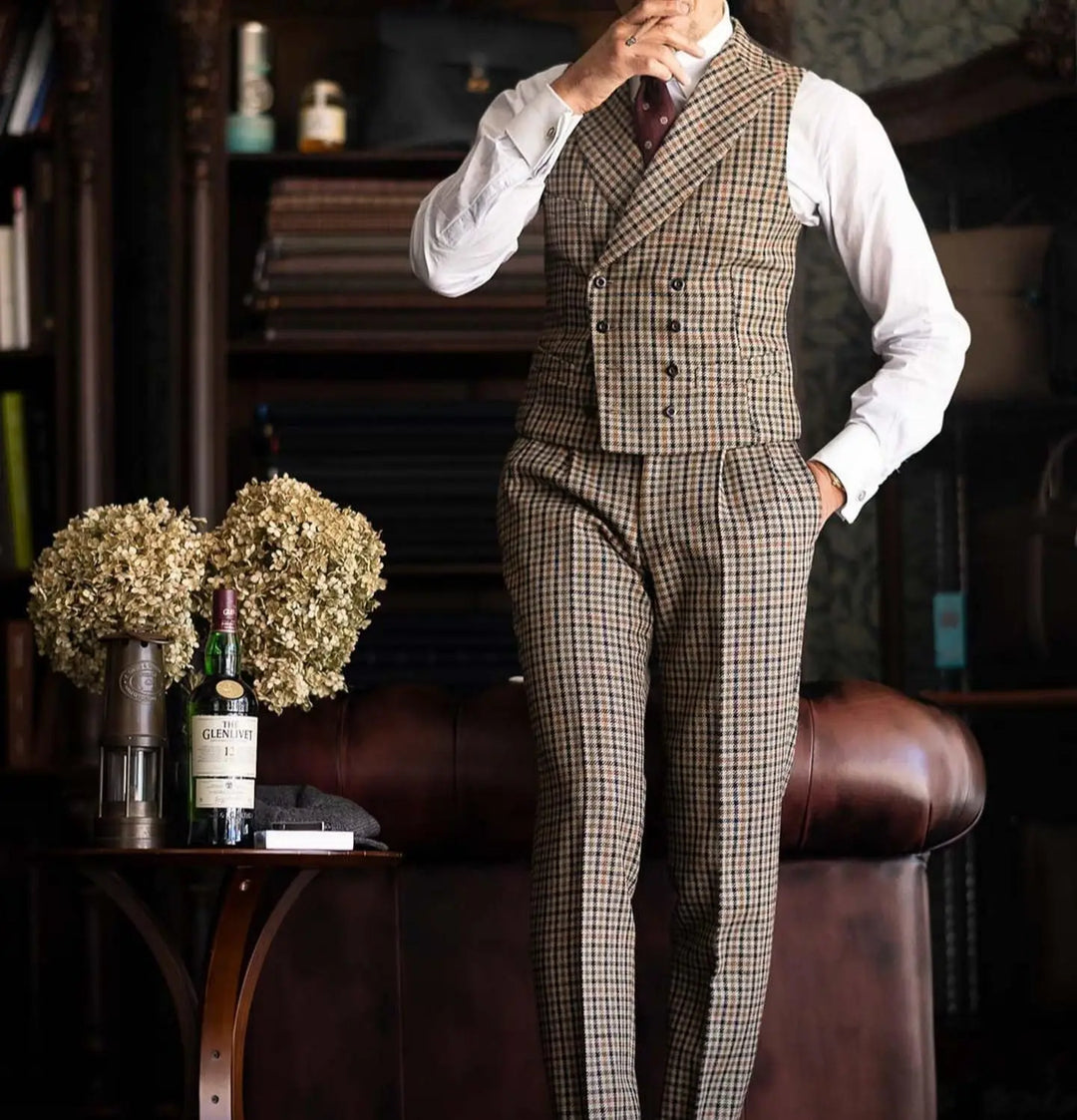 Burgundy Black Green 3 Color Small Square Thousand Bird Man‘s Suit Set Outfit Notch Lapel Blazer Trousers 3pcs Jacket Pants Vest