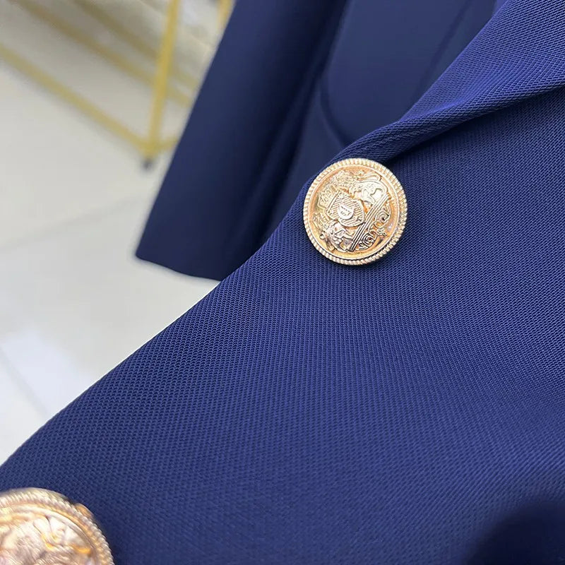 Navy Blue Blazer Jacket Women Single Breasted Pocket Embroidery