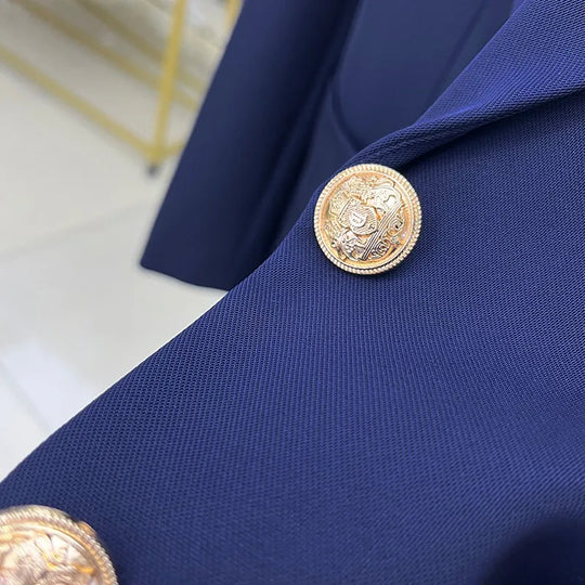 Navy Blue Blazer Jacket Women Single Breasted Pocket Embroidery