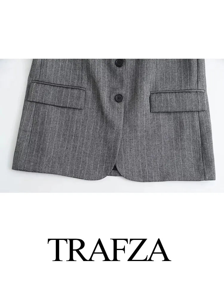 TRAFZA Spring 2 Piec Suits For Women V Neck Long Sleeves Single