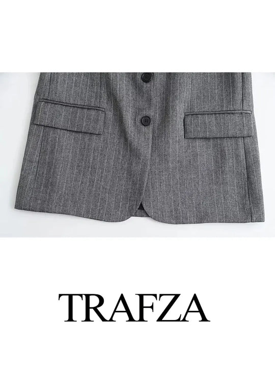 TRAFZA Spring 2 Piec Suits For Women V Neck Long Sleeves Single