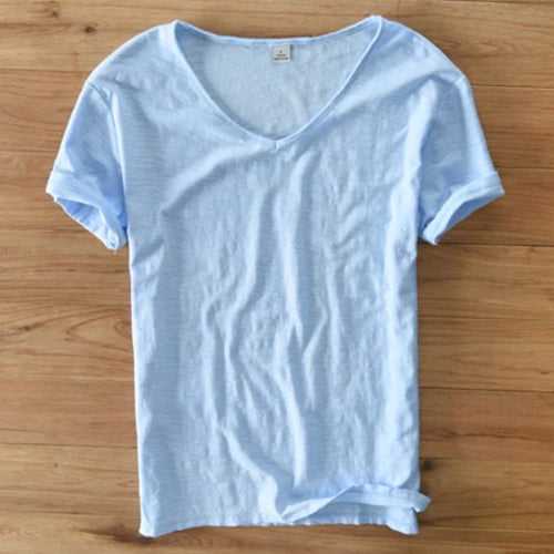 Summer T Shirt Men 100% Cotton Short Sleeve Tshirt V-neck Tops&Tee
