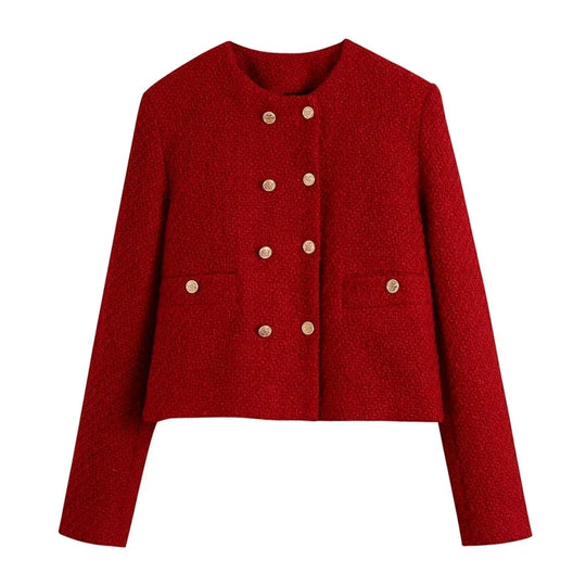 New Collection 2025 Women Vintage Red Tweed Blazer Female Long Sleeve