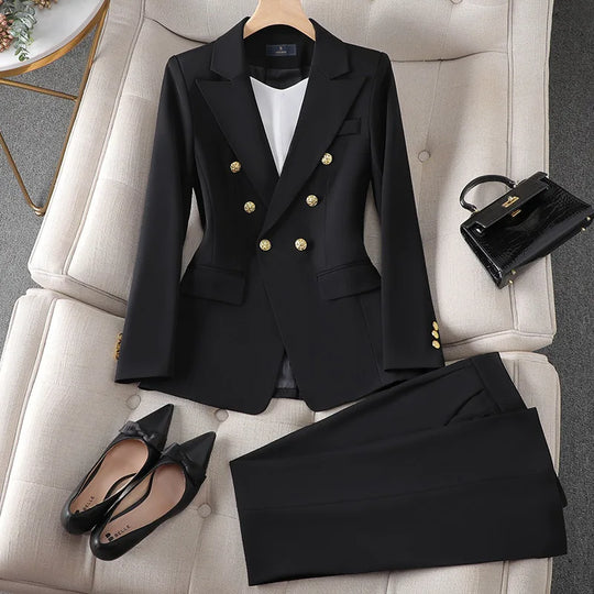 Fashion Office Ladies Formal Pant Suit Set Women Blue Pink Yellow