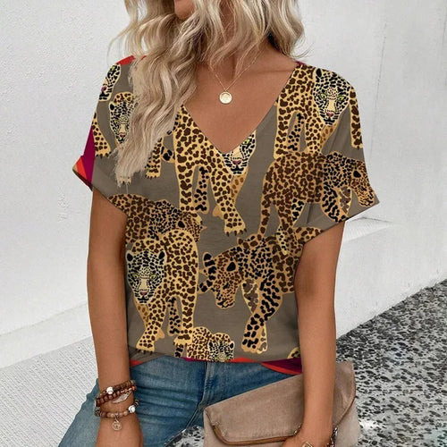 Summer clothing V-neck sexy leopard print T-shirt animal pattern