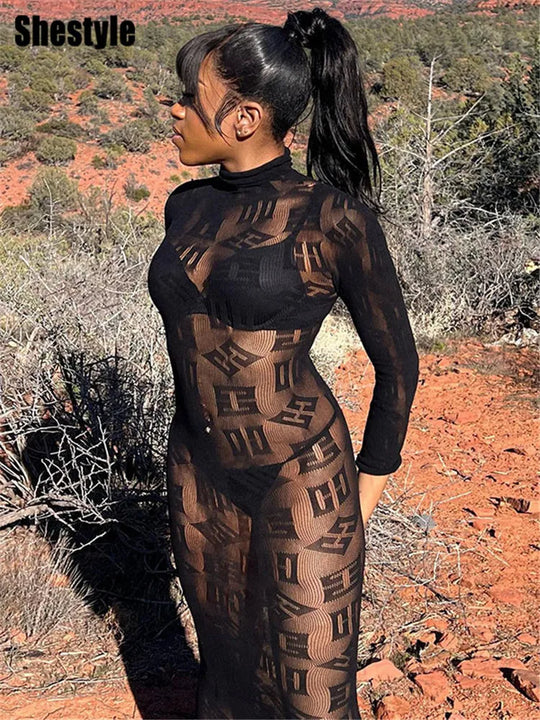 Shestyle See Through Super Elastic Long Pencil Dress Women Letter