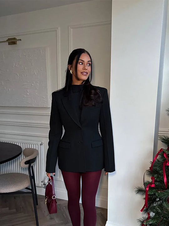 Classic Black Lapel High Waist Buttons Suit Overcoat Elegant Single