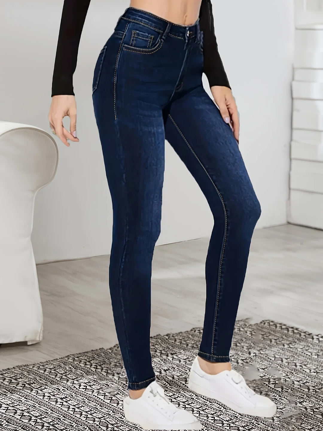 New dark blue women's high waist stretch skinny jeans